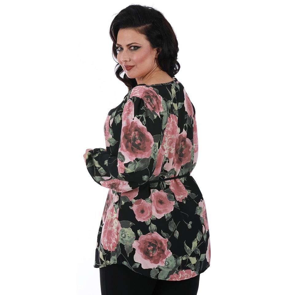 Long Sleeve Floral Georgette Fashion Top featuring a scoop neck and stylish belt, made from lightweight polyester fabric.