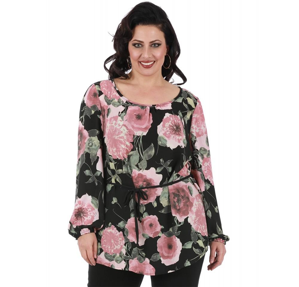 Long Sleeve Floral Georgette Fashion Top featuring a scoop neck and stylish belt, made from lightweight polyester fabric.