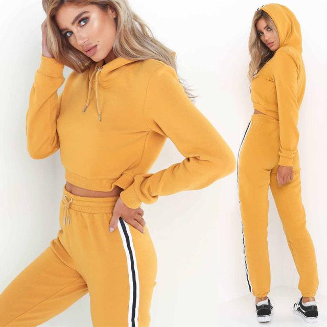 A stylish women's long sleeve hoodie and long pants tracksuit in solid color, made of soft cotton material, perfect for casual wear.