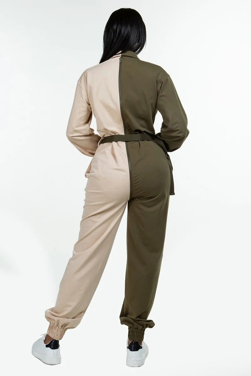 Long Sleeve Oversized Cozy Shirt Jumpsuit in rich Brown color, featuring an oversized silhouette and adjustable front zipper.