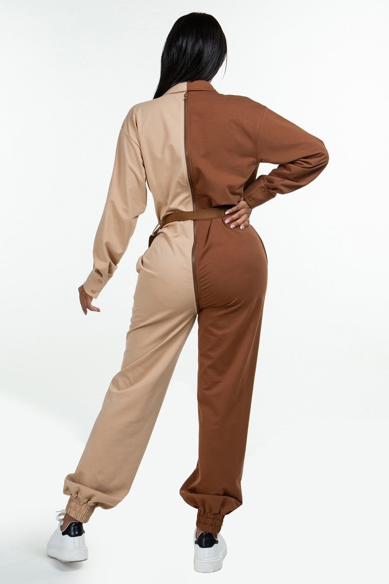 Long Sleeve Oversized Cozy Shirt Jumpsuit in rich Brown color, featuring an oversized silhouette and adjustable front zipper.