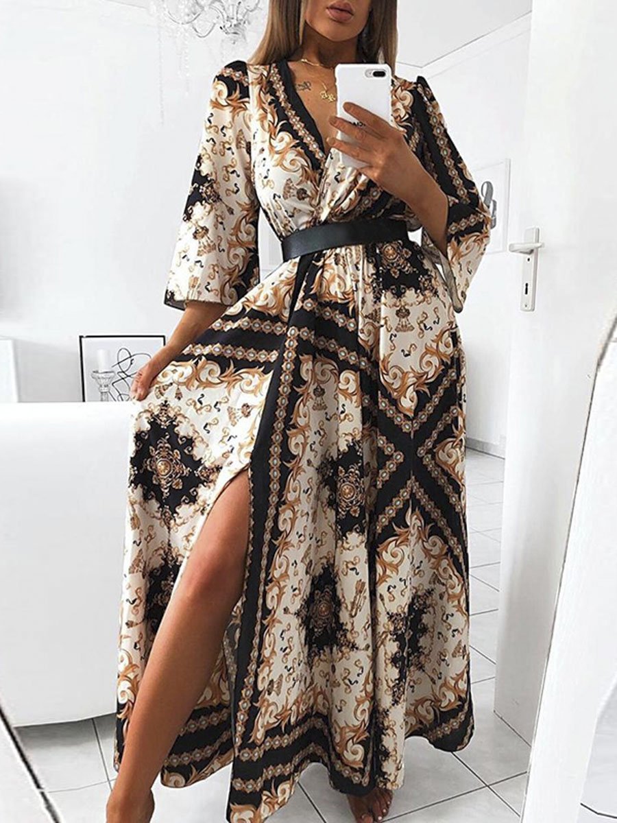 A stylish long sleeve print sexy long maxi bodycon dress featuring a V-neckline and flare sleeves, perfect for autumn occasions.