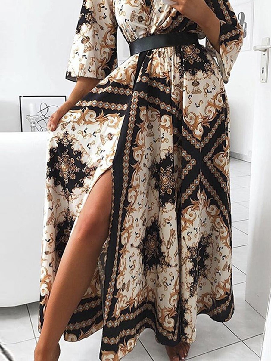 A stylish long sleeve print sexy long maxi bodycon dress featuring a V-neckline and flare sleeves, perfect for autumn occasions.