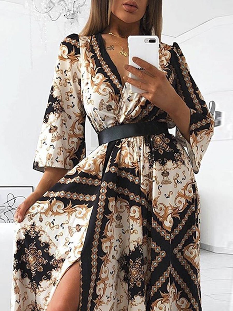 A stylish long sleeve print sexy long maxi bodycon dress featuring a V-neckline and flare sleeves, perfect for autumn occasions.