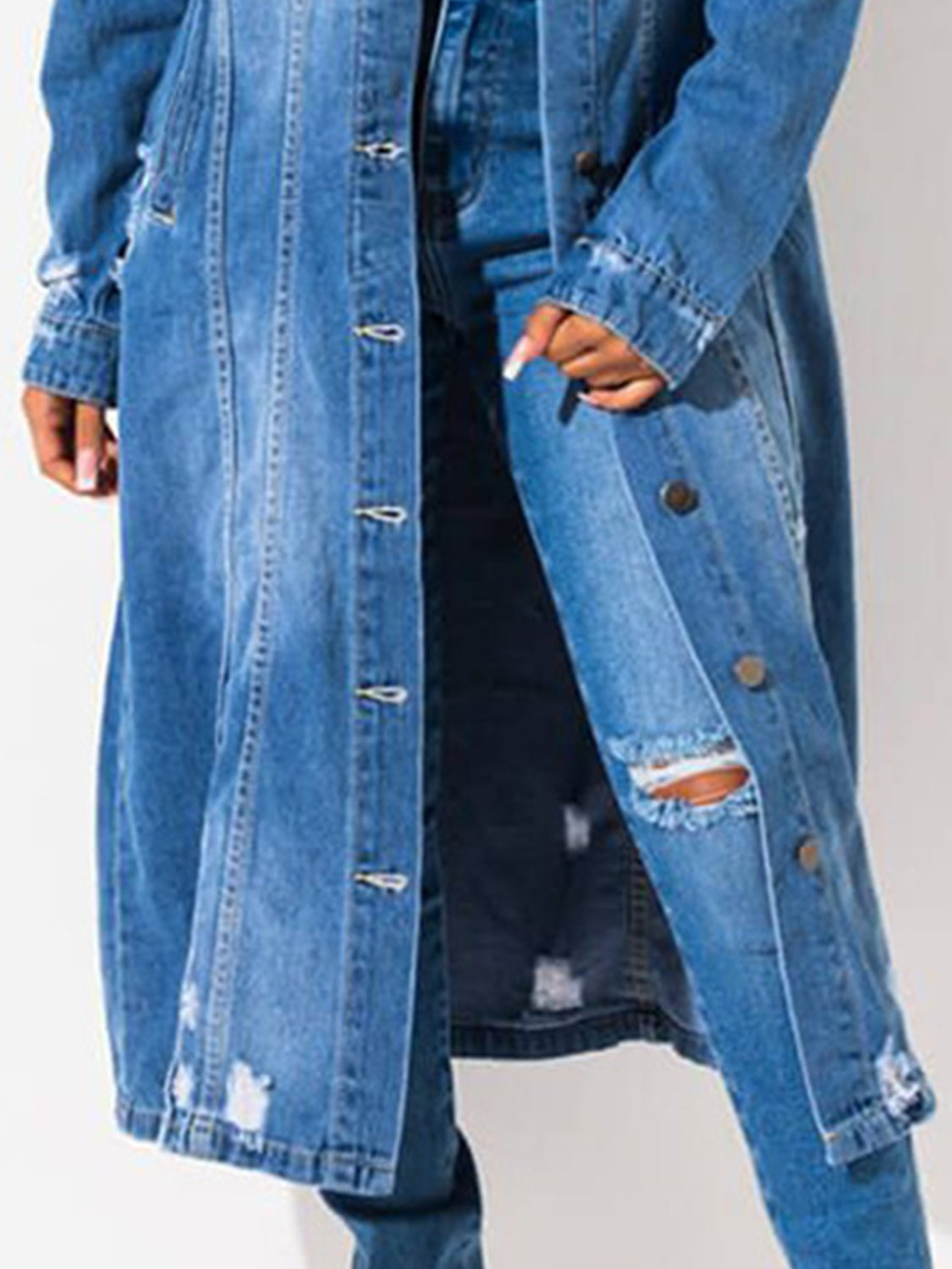 Long Sleeve Raw Hem Denim Jacket featuring a distressed design and collared neck, perfect for casual wear.