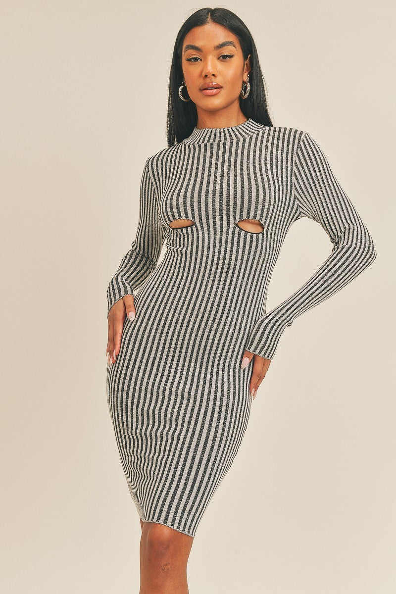 Long Sleeve Stripe Print Midi Dress featuring a black and white stripe pattern, crew neck, and long sleeves, perfect for various occasions.