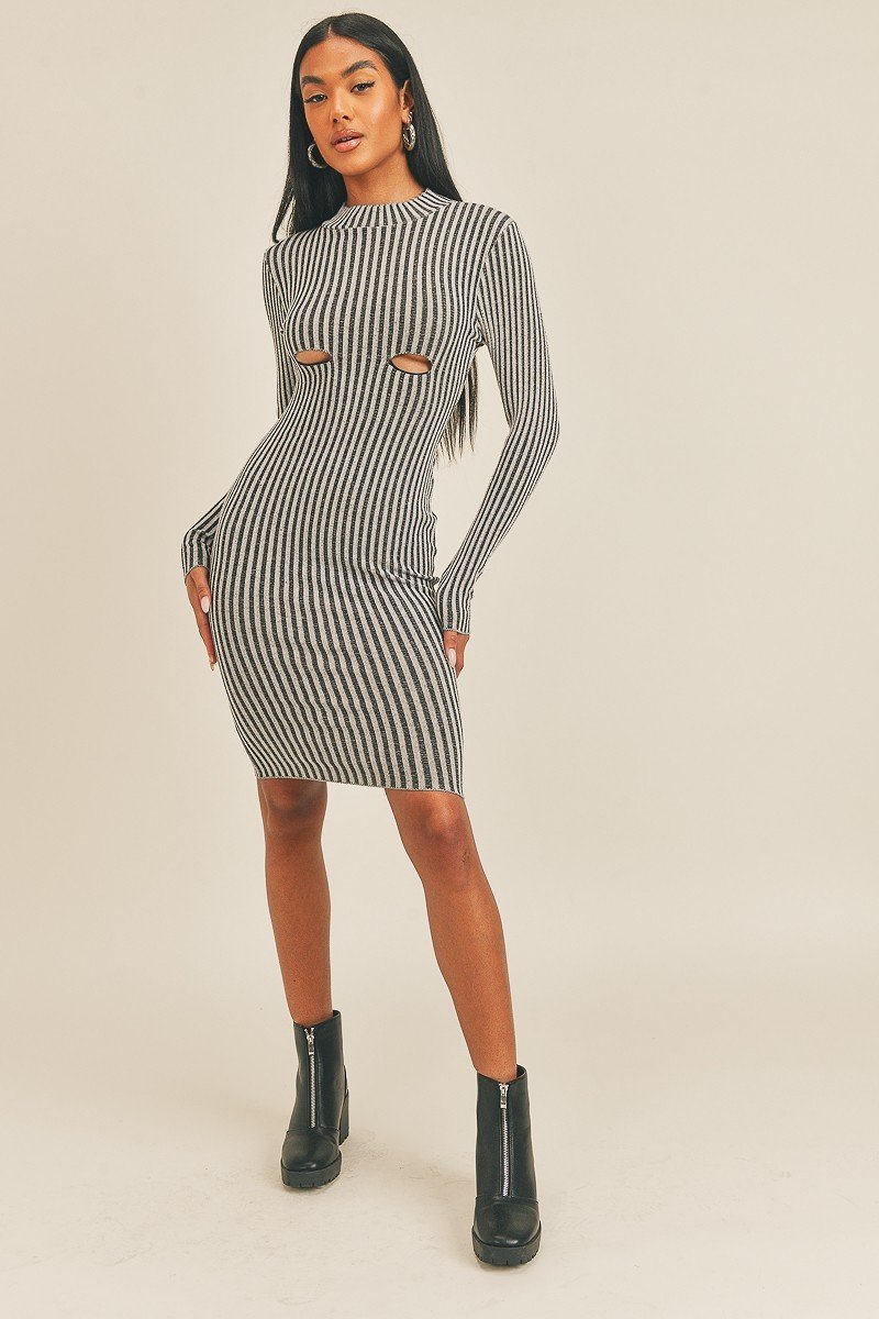 Long Sleeve Stripe Print Midi Dress featuring a black and white stripe pattern, crew neck, and long sleeves, perfect for various occasions.