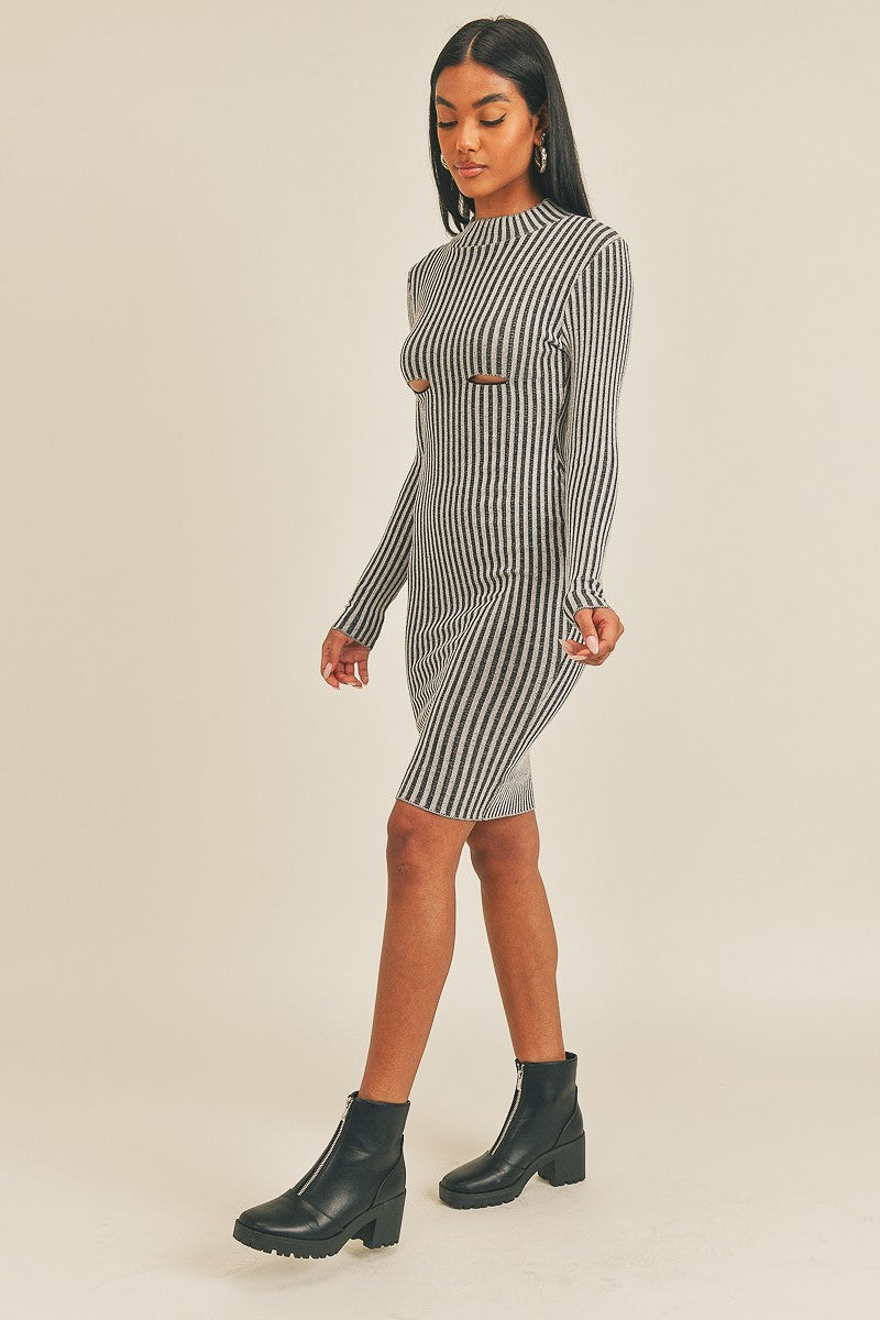 Long Sleeve Stripe Print Midi Dress featuring a black and white stripe pattern, crew neck, and long sleeves, perfect for various occasions.