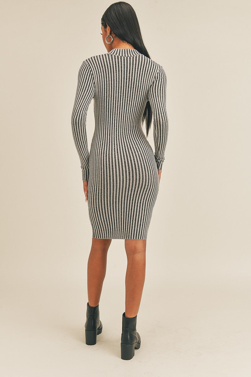 Long Sleeve Stripe Print Midi Dress featuring a black and white stripe pattern, crew neck, and long sleeves, perfect for various occasions.