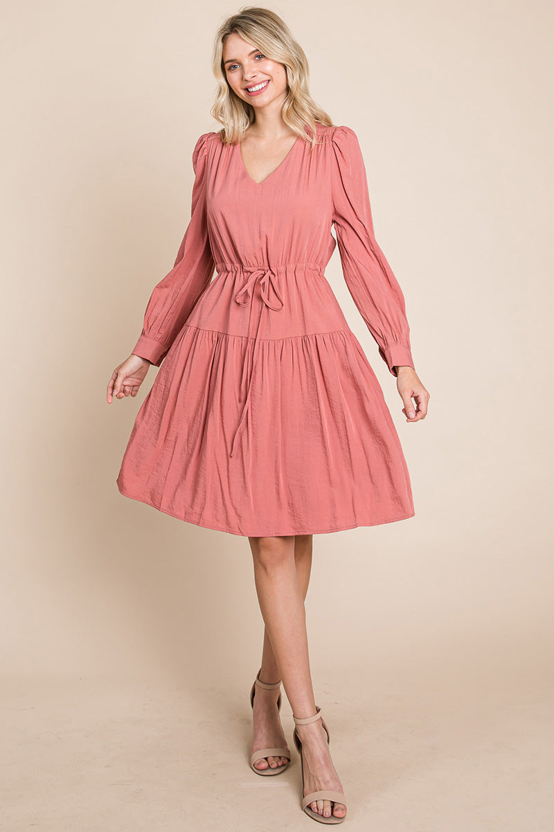 A stylish Long Sleeve Tiered Waist String Ruched Dress featuring a V-neck, long sleeves, and a tiered waist design, perfect for various occasions.