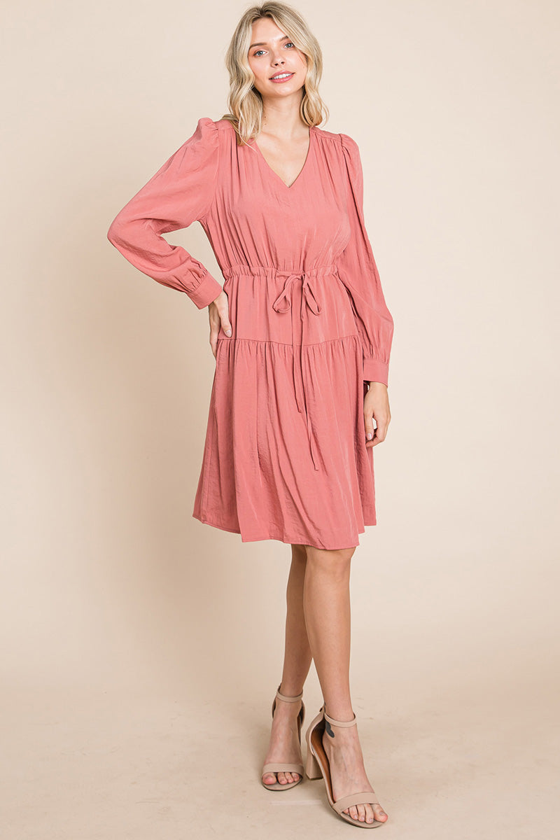 A stylish Long Sleeve Tiered Waist String Ruched Dress featuring a V-neck, long sleeves, and a tiered waist design, perfect for various occasions.