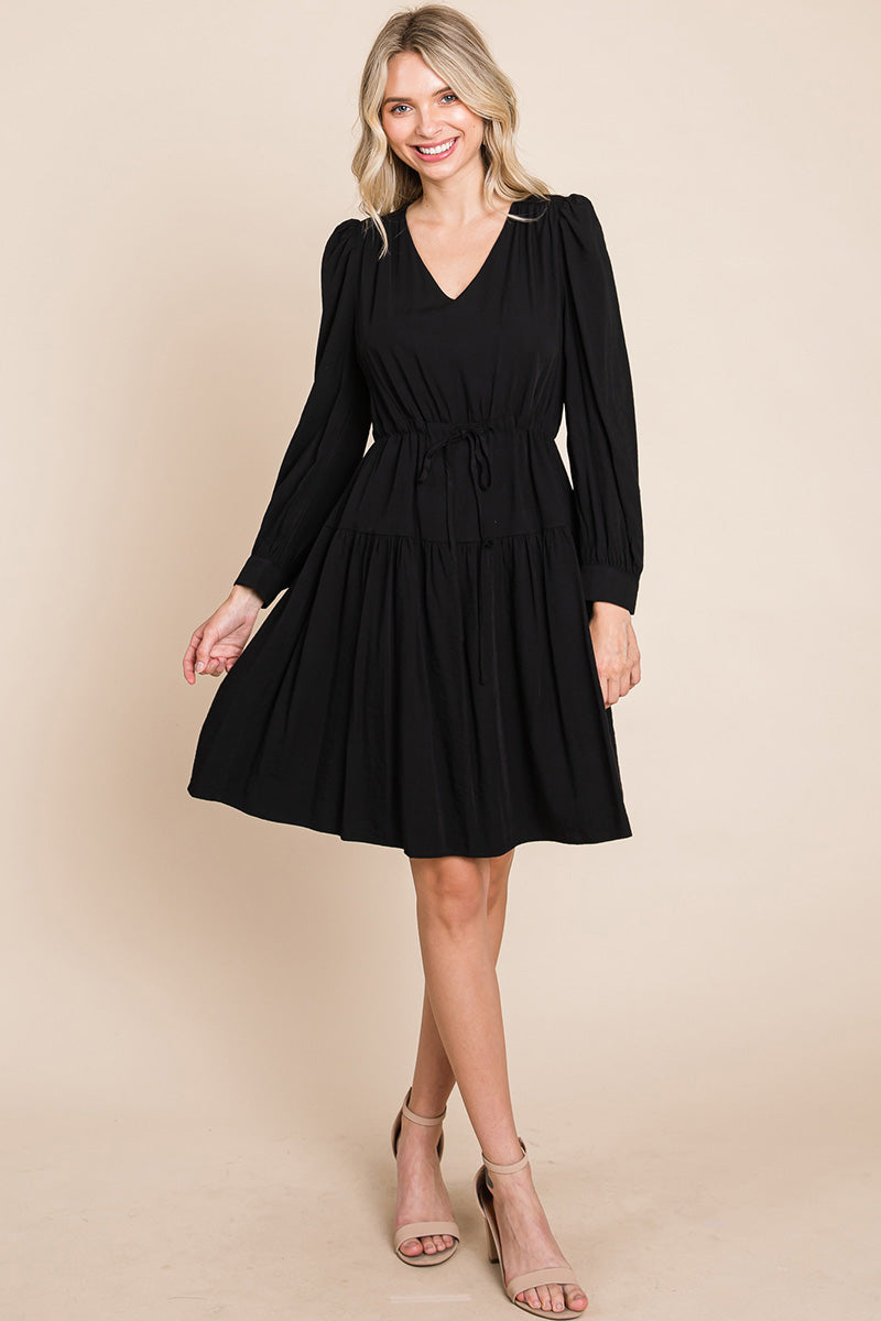 A stylish Long Sleeve Tiered Waist String Ruched Dress featuring a V-neck, long sleeves, and a tiered waist design, perfect for various occasions.