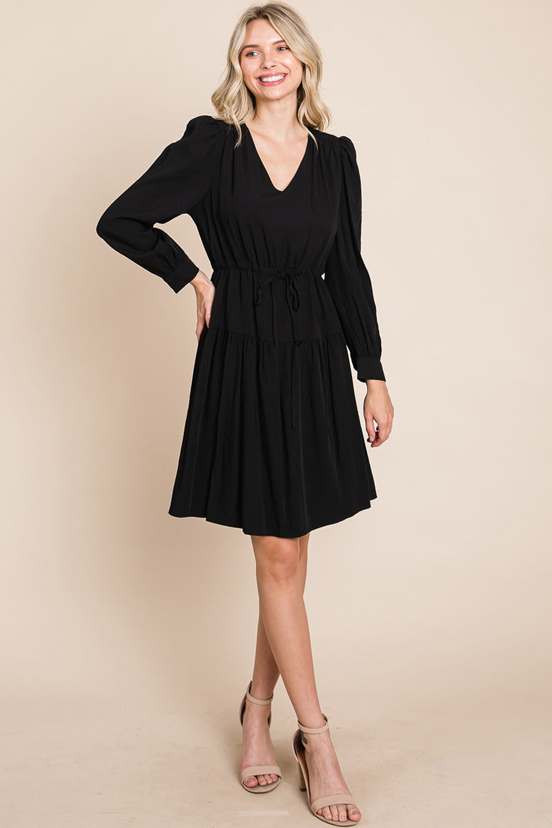 A stylish Long Sleeve Tiered Waist String Ruched Dress featuring a V-neck, long sleeves, and a tiered waist design, perfect for various occasions.