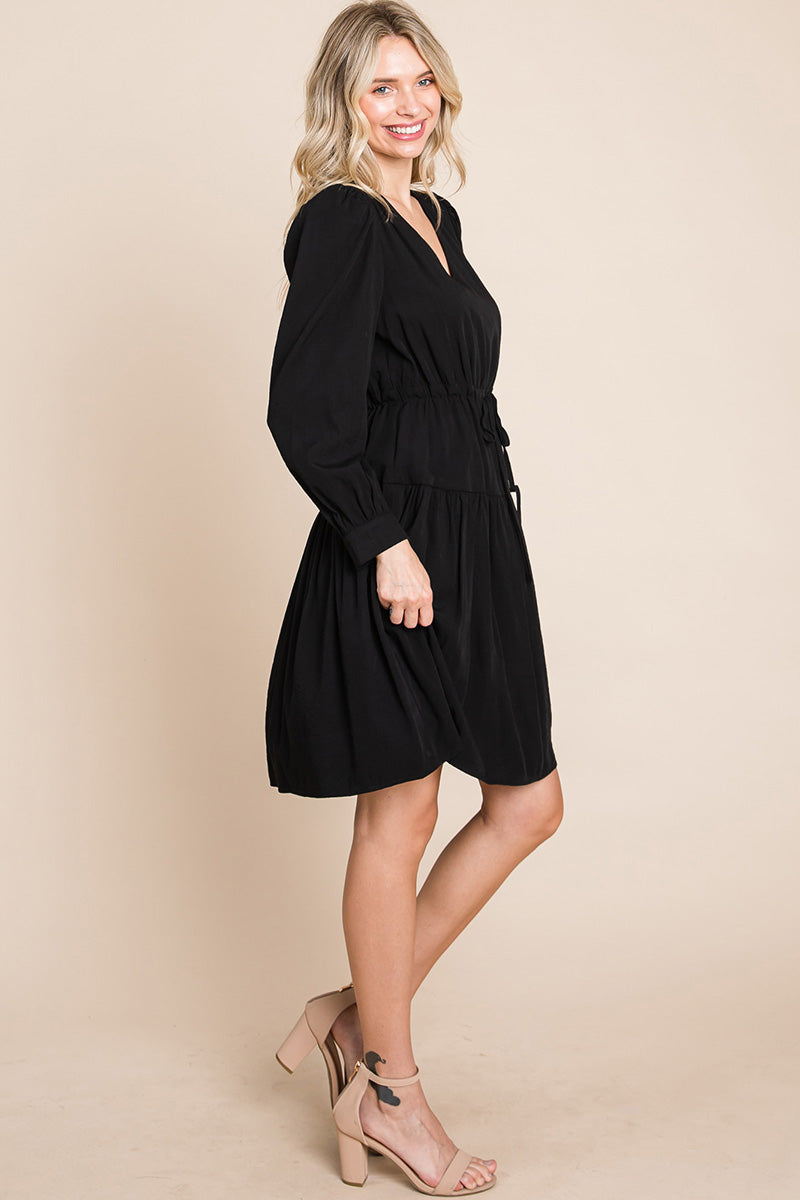 A stylish Long Sleeve Tiered Waist String Ruched Dress featuring a V-neck, long sleeves, and a tiered waist design, perfect for various occasions.