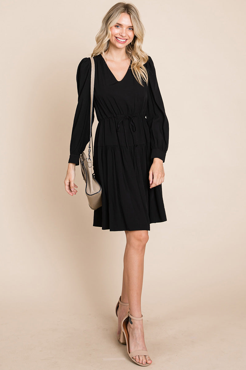 A stylish Long Sleeve Tiered Waist String Ruched Dress featuring a V-neck, long sleeves, and a tiered waist design, perfect for various occasions.