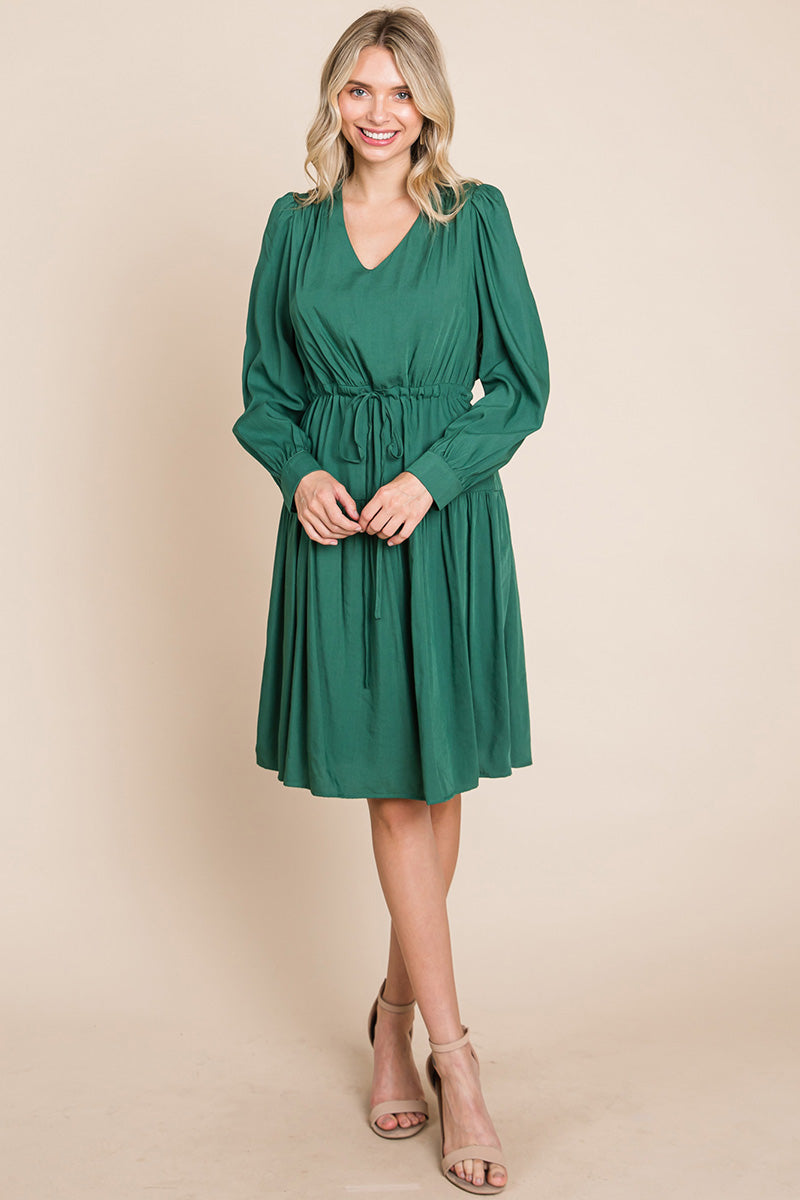 A stylish Long Sleeve Tiered Waist String Ruched Dress featuring a V-neck, long sleeves, and a tiered waist design, perfect for various occasions.