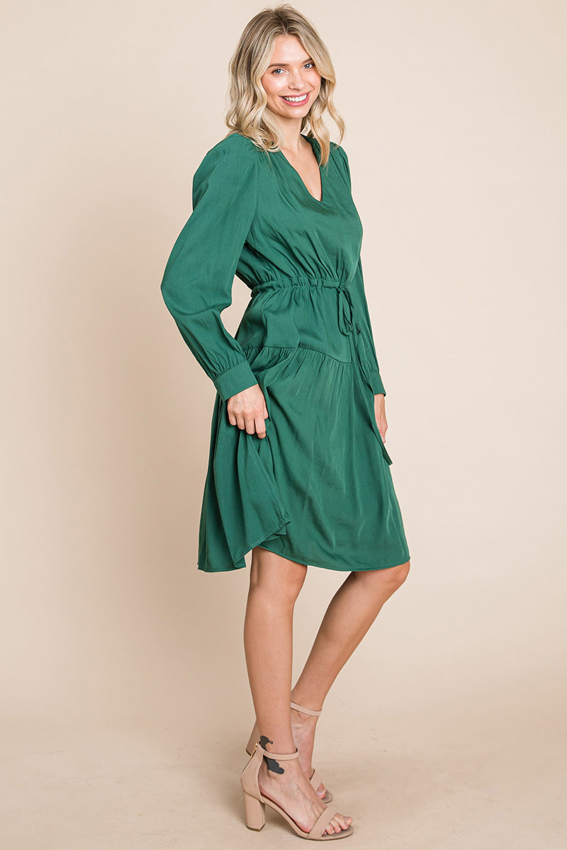 A stylish Long Sleeve Tiered Waist String Ruched Dress featuring a V-neck, long sleeves, and a tiered waist design, perfect for various occasions.