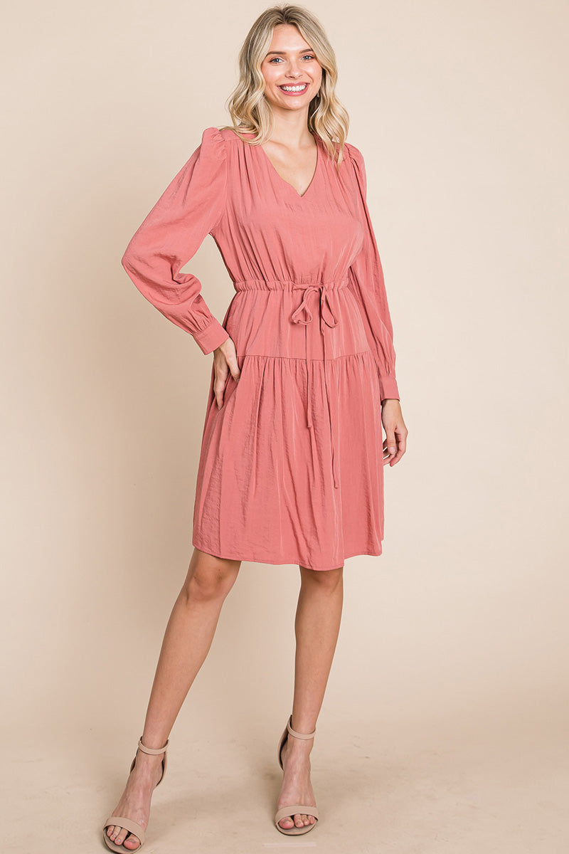 A stylish Long Sleeve Tiered Waist String Ruched Dress featuring a V-neck, long sleeves, and a tiered waist design, perfect for various occasions.