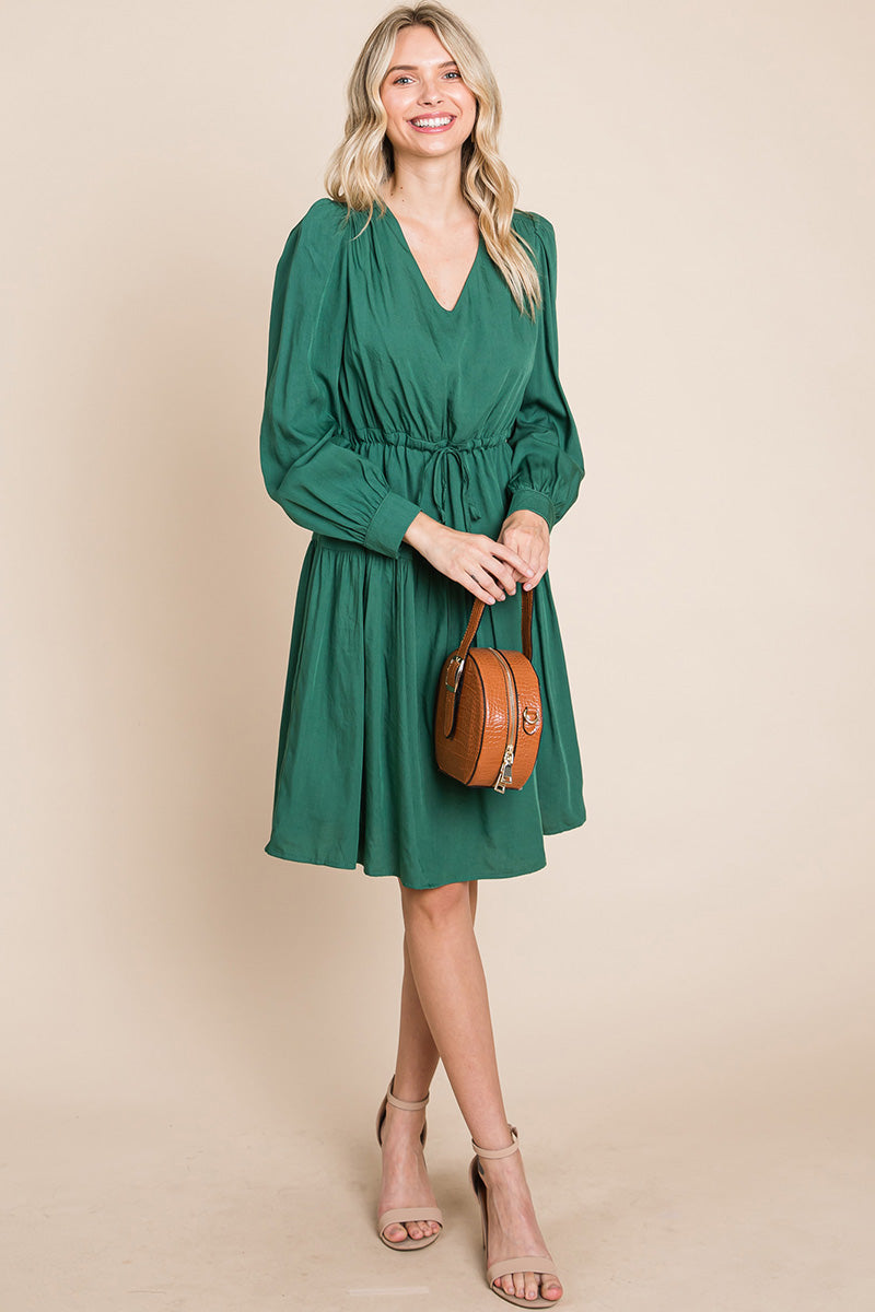 A stylish Long Sleeve Tiered Waist String Ruched Dress featuring a V-neck, long sleeves, and a tiered waist design, perfect for various occasions.