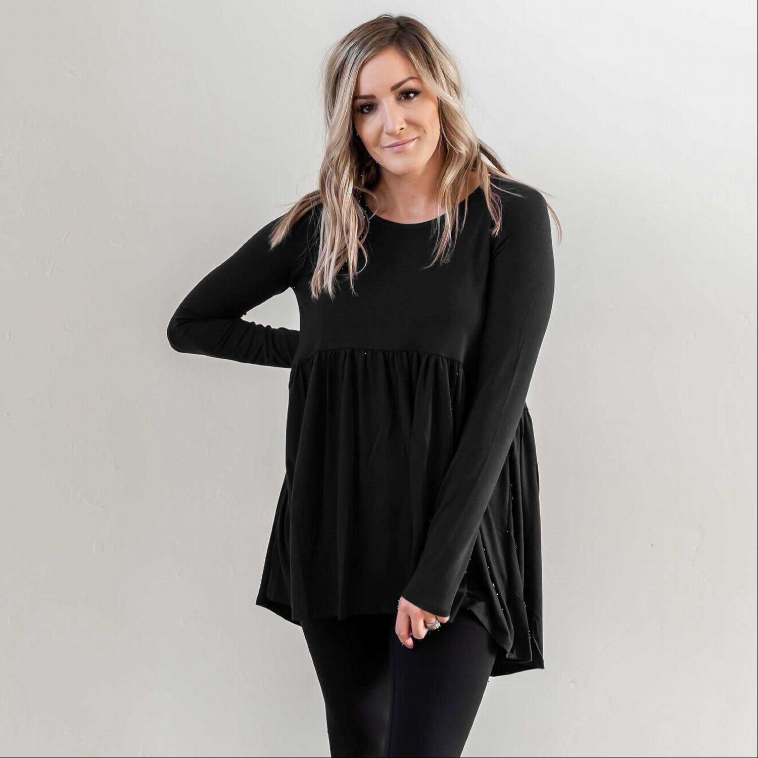 A stylish Long Sleeve With Waist Shirring Top featuring unique pleats and a round neck, perfect for casual or work wear.