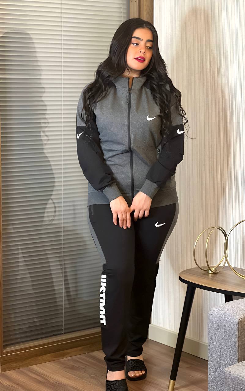 Long sleeved front zipper hoodie paired with stylish jogger pants, showcasing a cozy winter outfit.