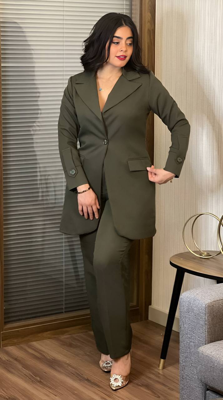 A stylish long sleeved jacket paired with wide leg pants, perfect for formal occasions.