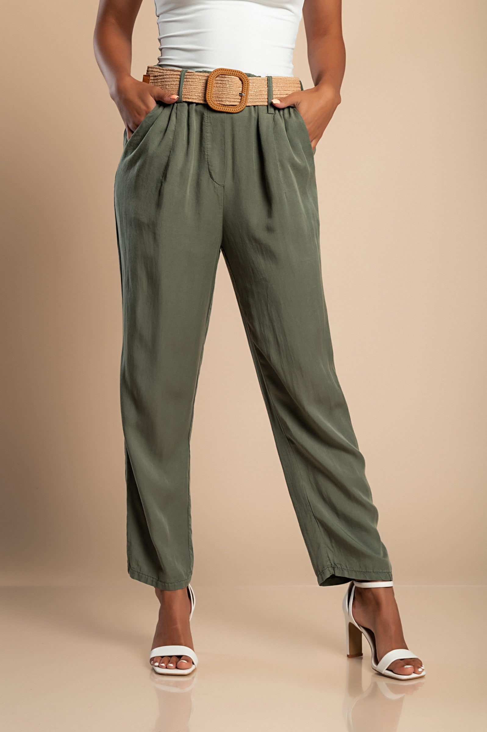 Olive green long trousers with a decorative belt, showcasing high-quality fabric and elasticated waist.