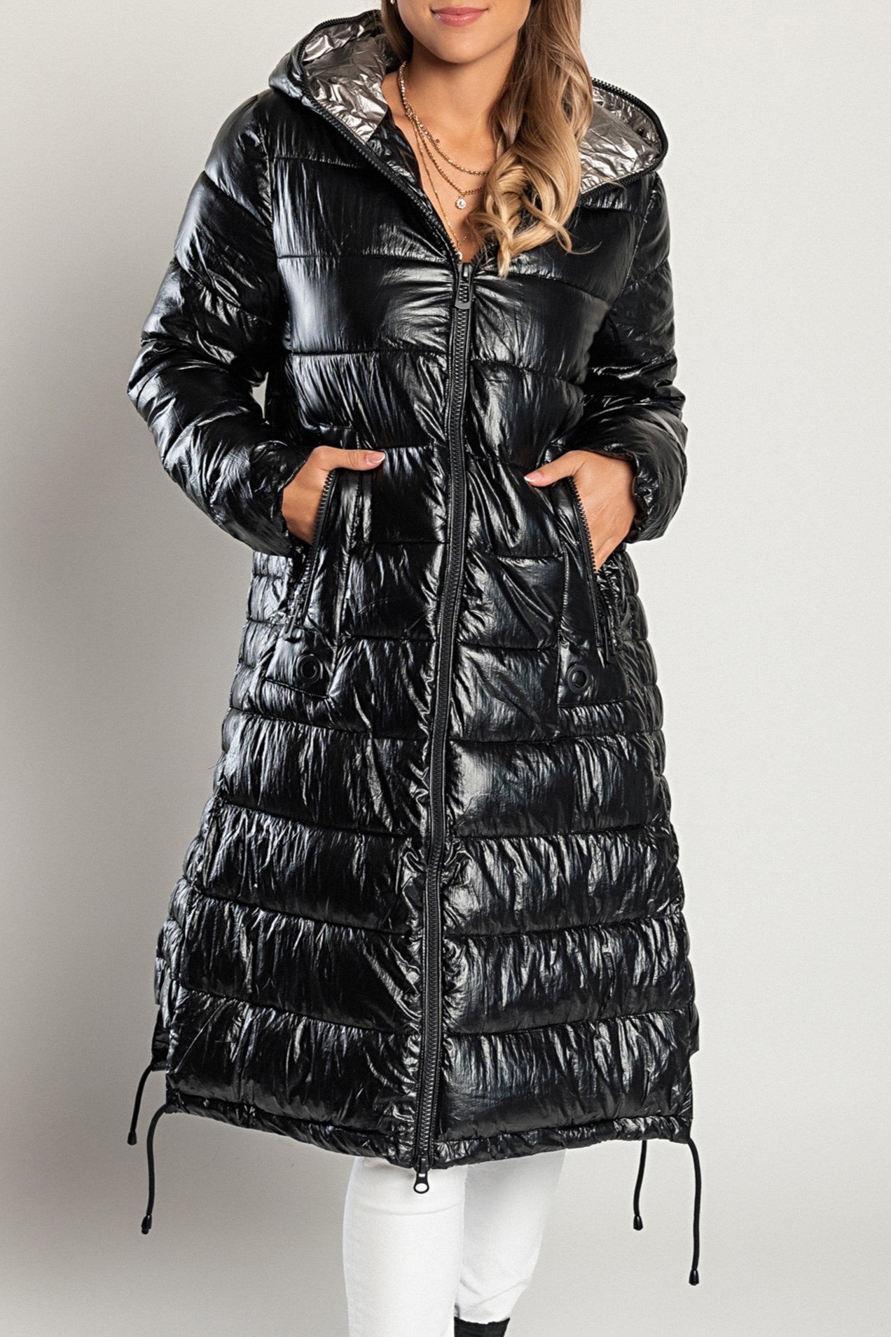 Long winter jacket with hood, item code 2237, in black, featuring a high collar, zip closure, and side zipper pockets.