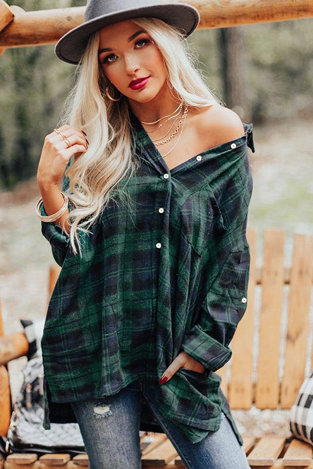 Loose Fit Boyfriend Style Plaid Shirt featuring a classic checkered pattern, oversized fit, and roll-tab sleeves, perfect for casual wear.