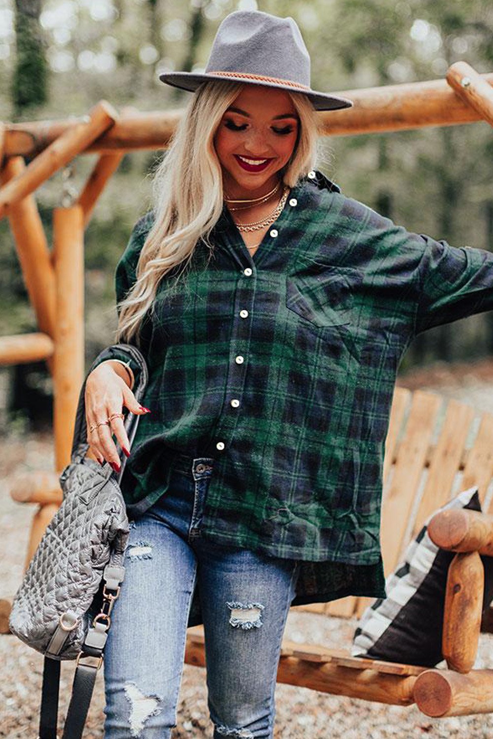 Loose Fit Boyfriend Style Plaid Shirt featuring a classic checkered pattern, oversized fit, and roll-tab sleeves, perfect for casual wear.