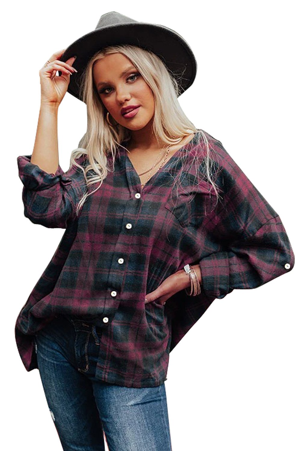 Loose Fit Boyfriend Style Plaid Shirt featuring a classic checkered pattern, oversized fit, and roll-tab sleeves, perfect for casual wear.