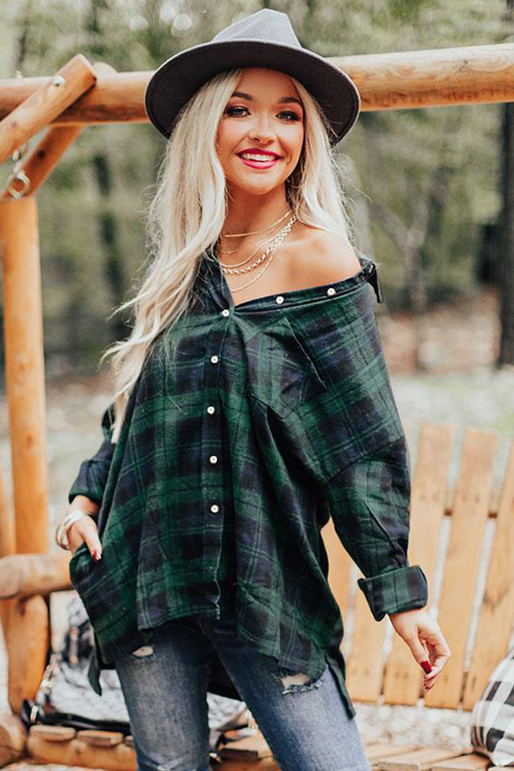 Loose Fit Boyfriend Style Plaid Shirt featuring a classic checkered pattern, oversized fit, and roll-tab sleeves, perfect for casual wear.