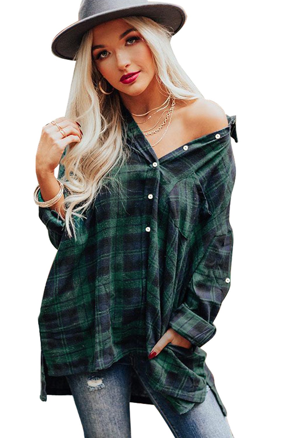 Loose Fit Boyfriend Style Plaid Shirt featuring a classic checkered pattern, oversized fit, and roll-tab sleeves, perfect for casual wear.