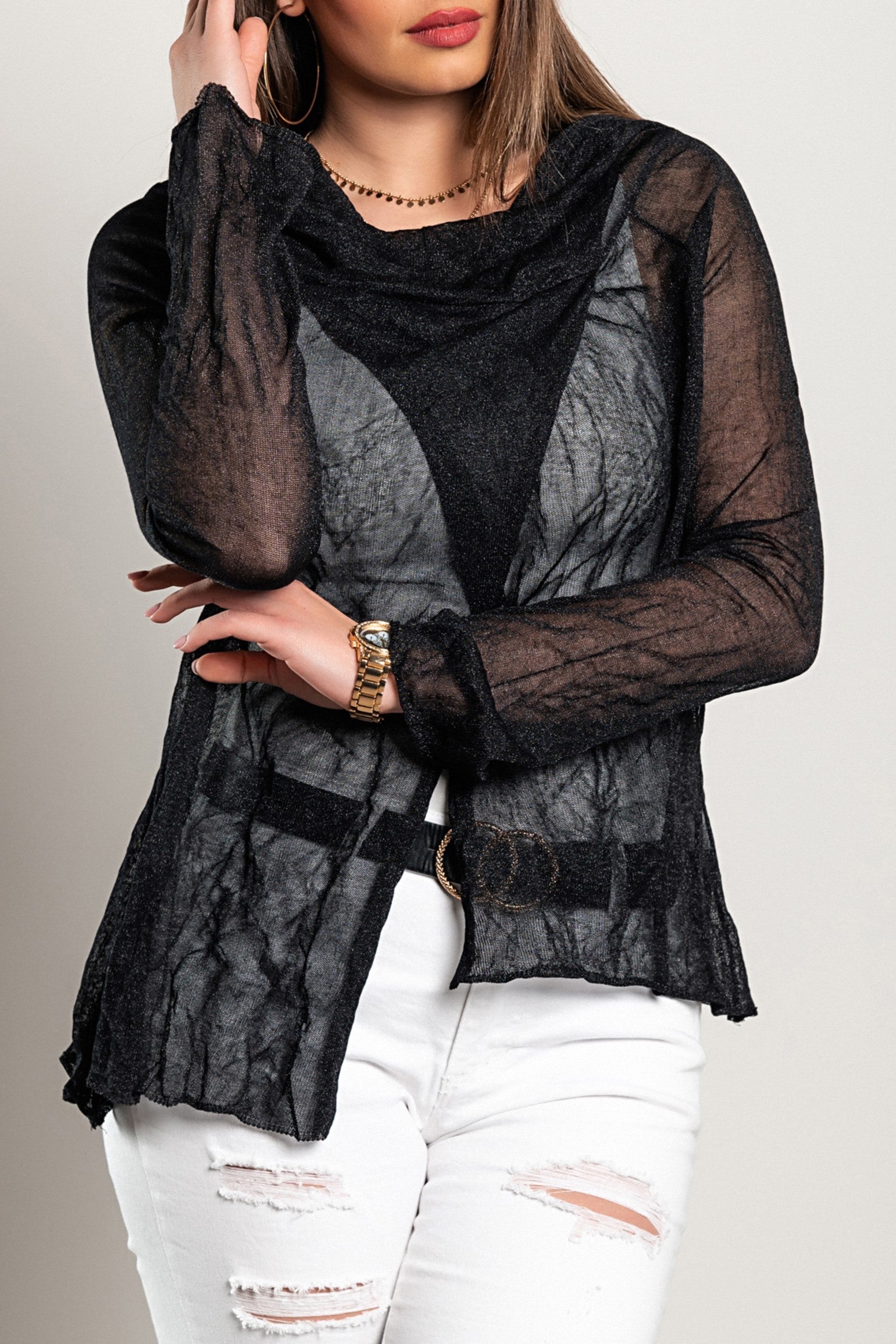 Black loose-fit wrap top with long sleeves and wide neckline, made in Italy from lightweight fabric.