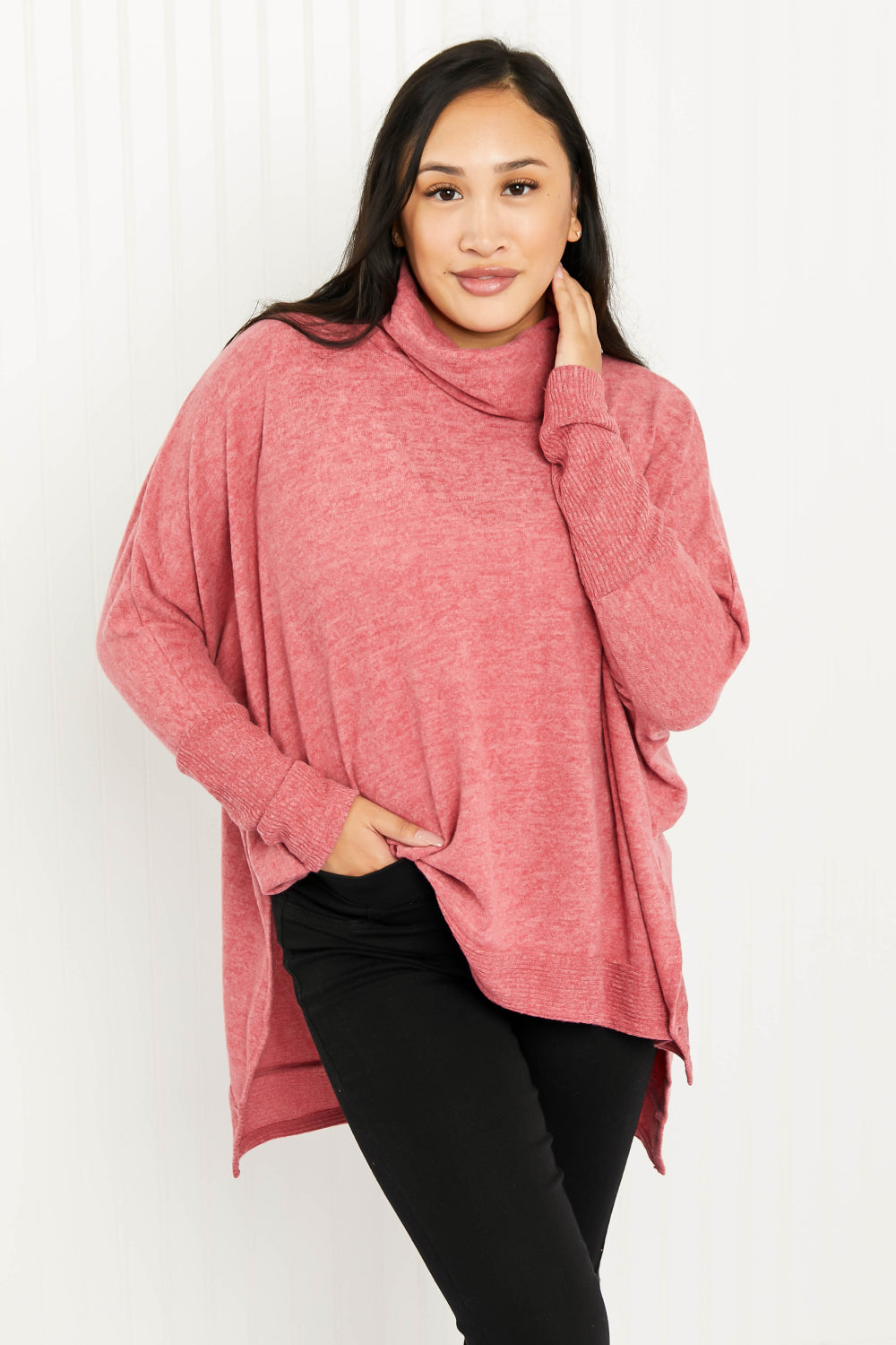 Cozy oversized Love and Cuddles Cowl Neck Poncho Sweater in a solid color, featuring a stylish cowl neck and high-low hem.