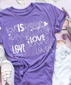 Love is Love Pride Tee featuring a white design, available in various styles and sizes, perfect for celebrating LGBTQ+ pride.