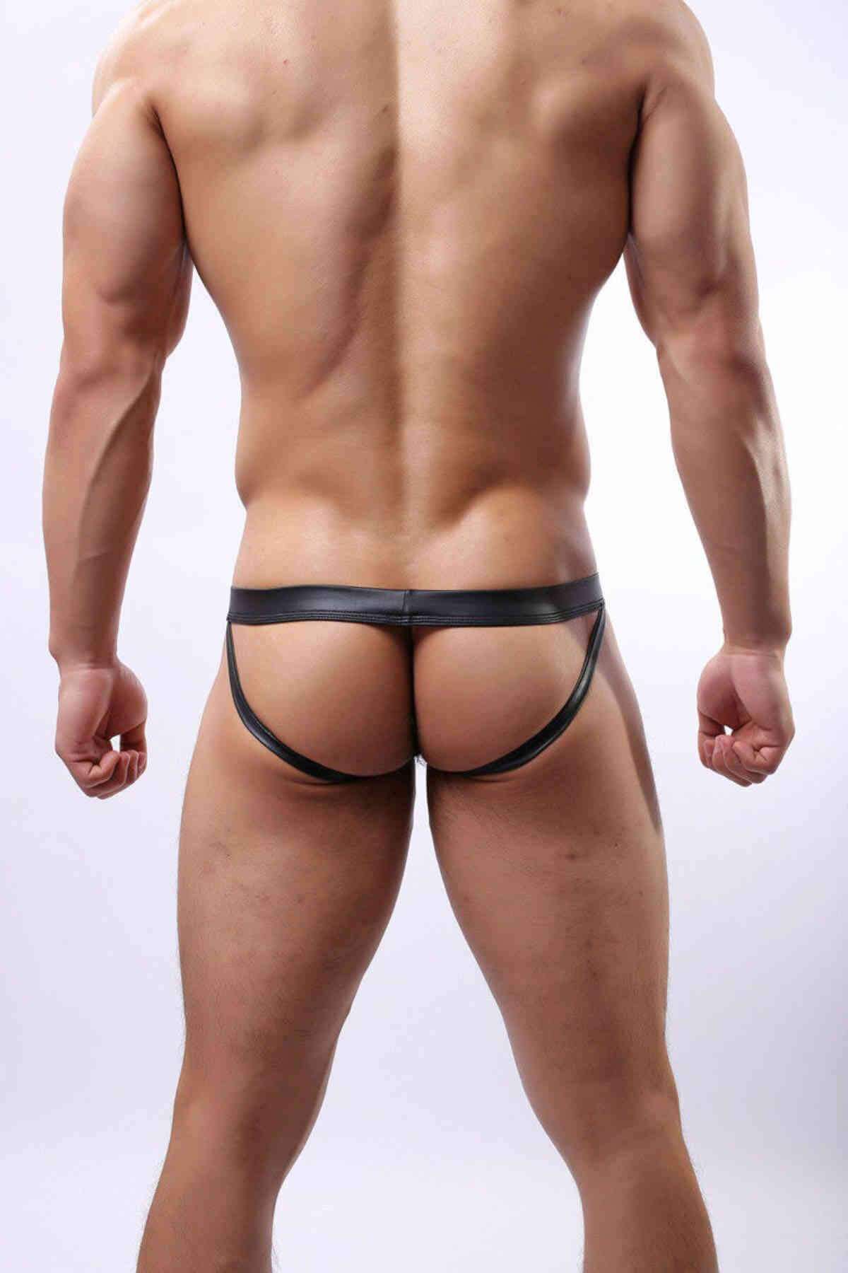 Faux Leather Low Rise Sexy T-Back Jockstrap with thick elastic waistband, showcasing a stylish and comfortable design.