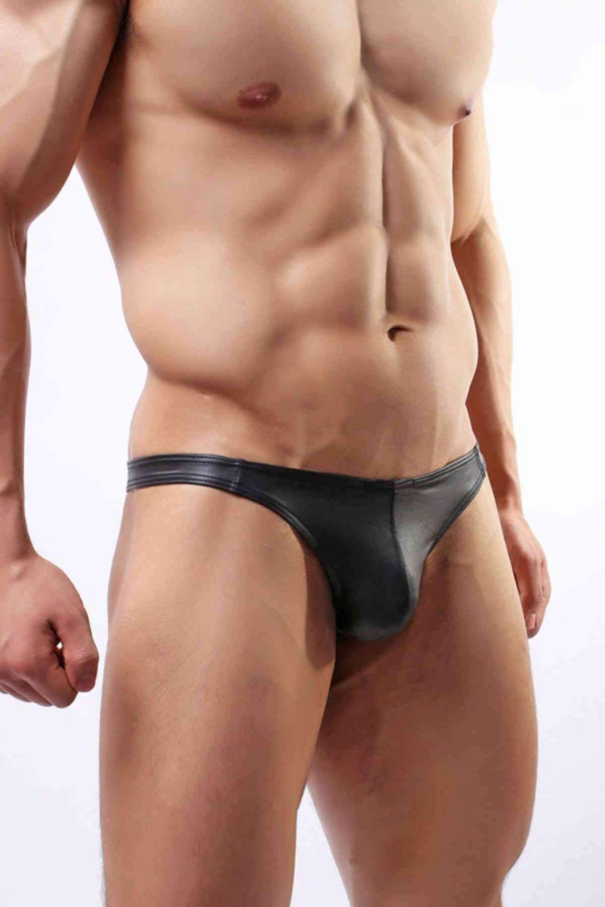 Faux Leather Low Rise Sexy T-Back Jockstrap with thick elastic waistband, showcasing a stylish and comfortable design.