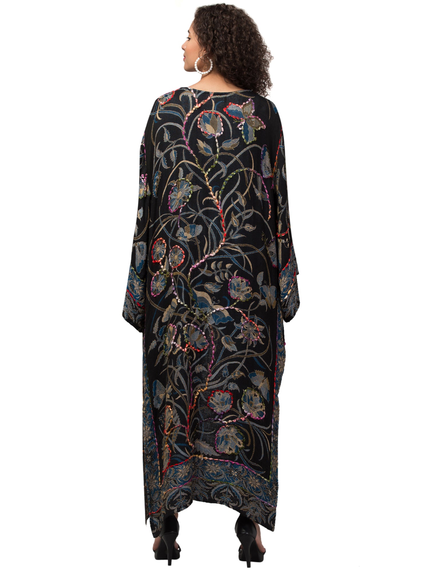 Luna Kimono Jacket featuring intricate hand-embroidered designs, showcasing vibrant colors and a flowing silhouette, perfect for bohemian fashion.