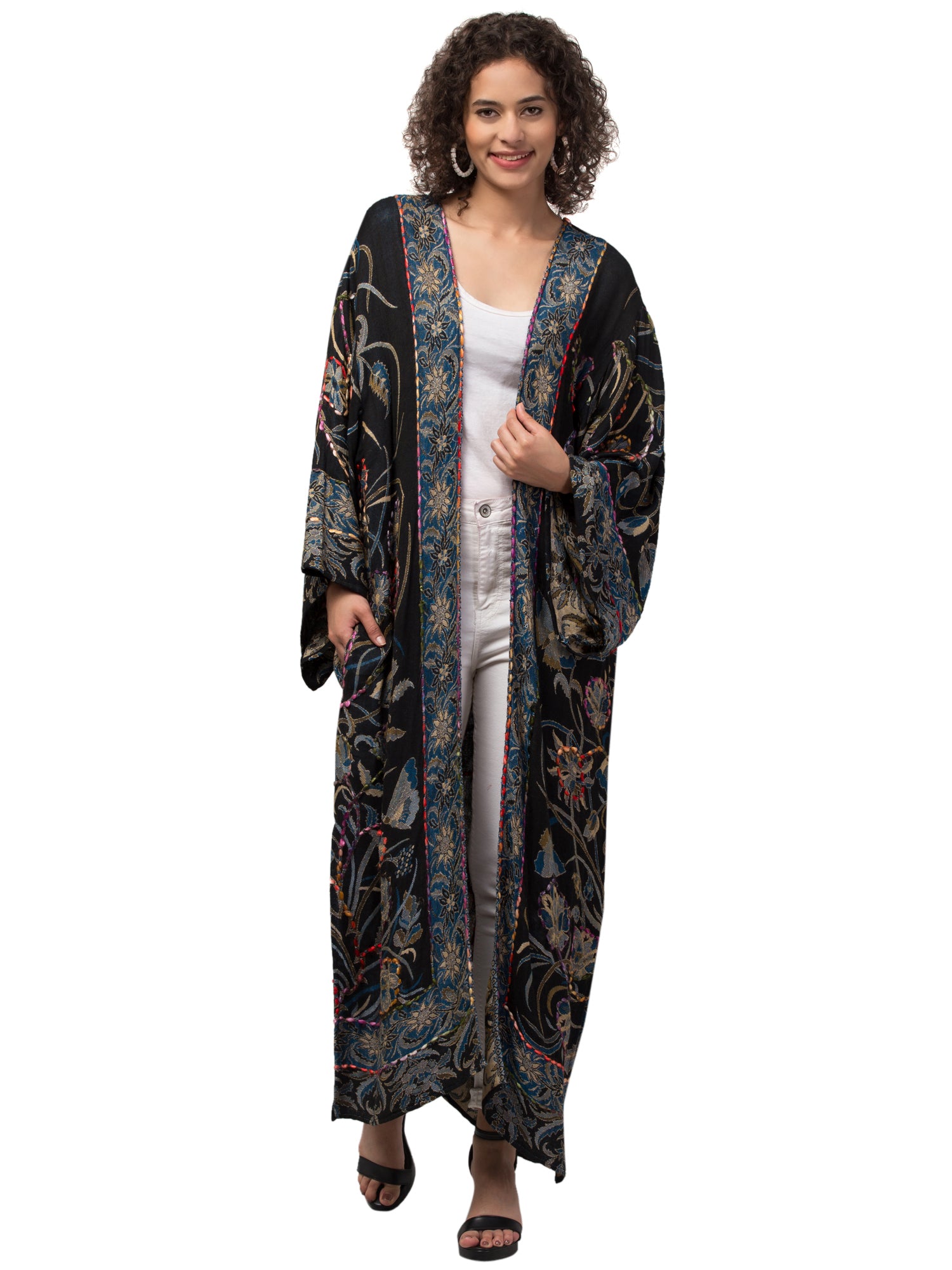 Luna Kimono Jacket featuring intricate hand-embroidered designs, showcasing vibrant colors and a flowing silhouette, perfect for bohemian fashion.