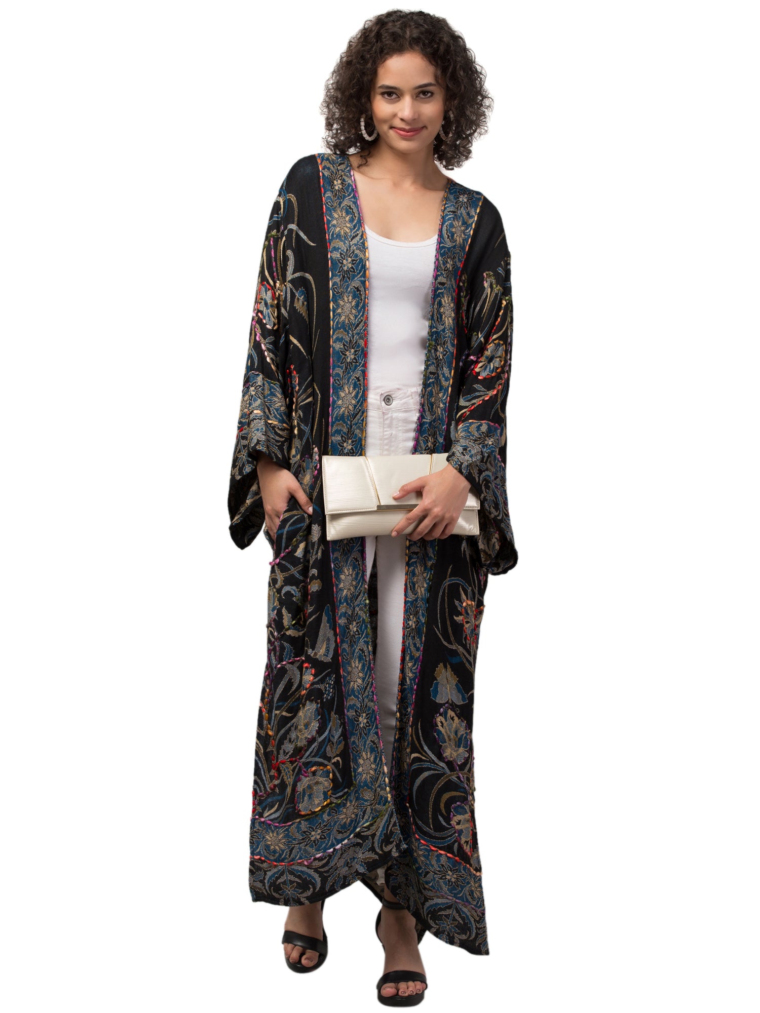 Luna Kimono Jacket featuring intricate hand-embroidered designs, showcasing vibrant colors and a flowing silhouette, perfect for bohemian fashion.