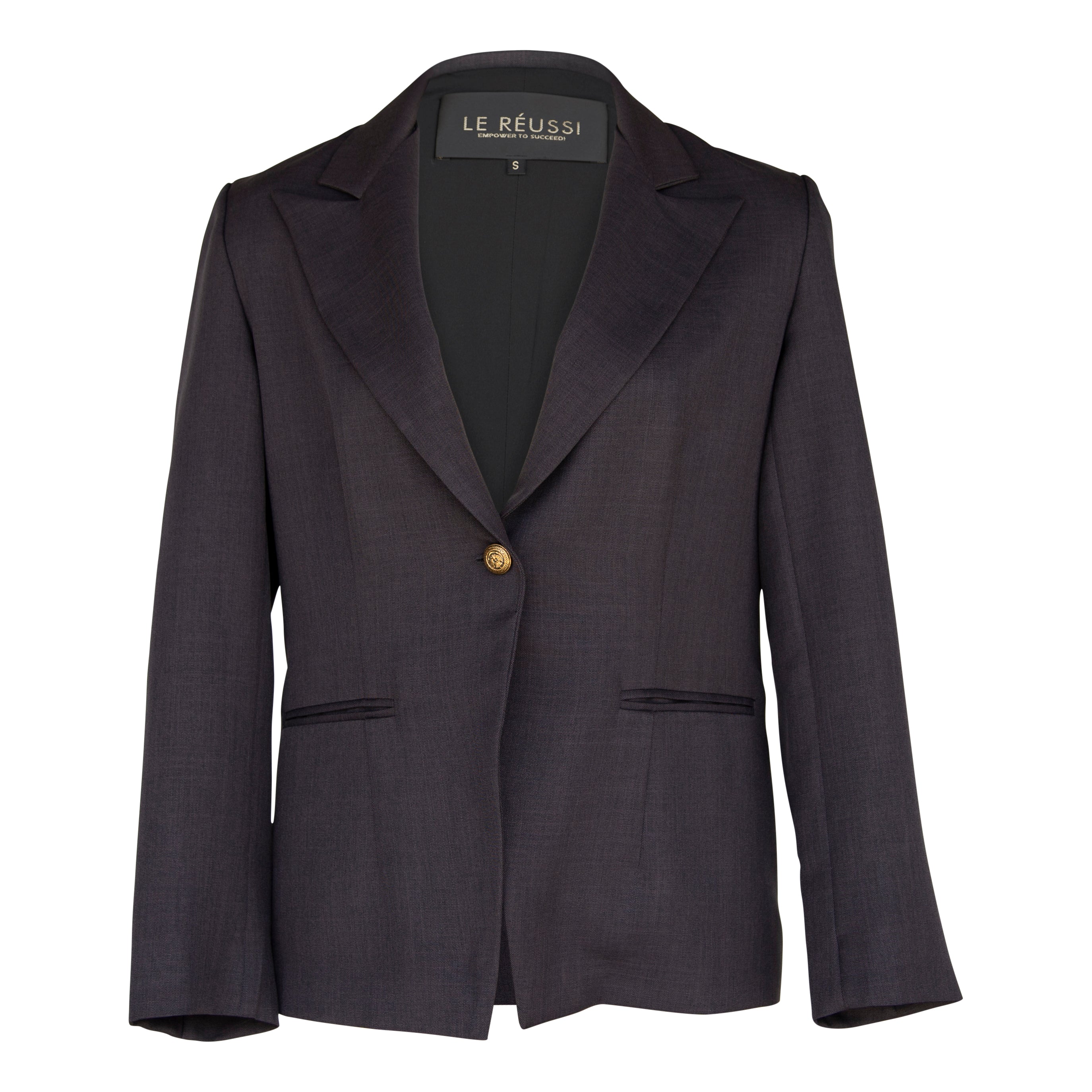 A stylish Luxe Charcoal Blazer made from 100% wool, featuring a tailored fit and elegant design, perfect for professional attire.