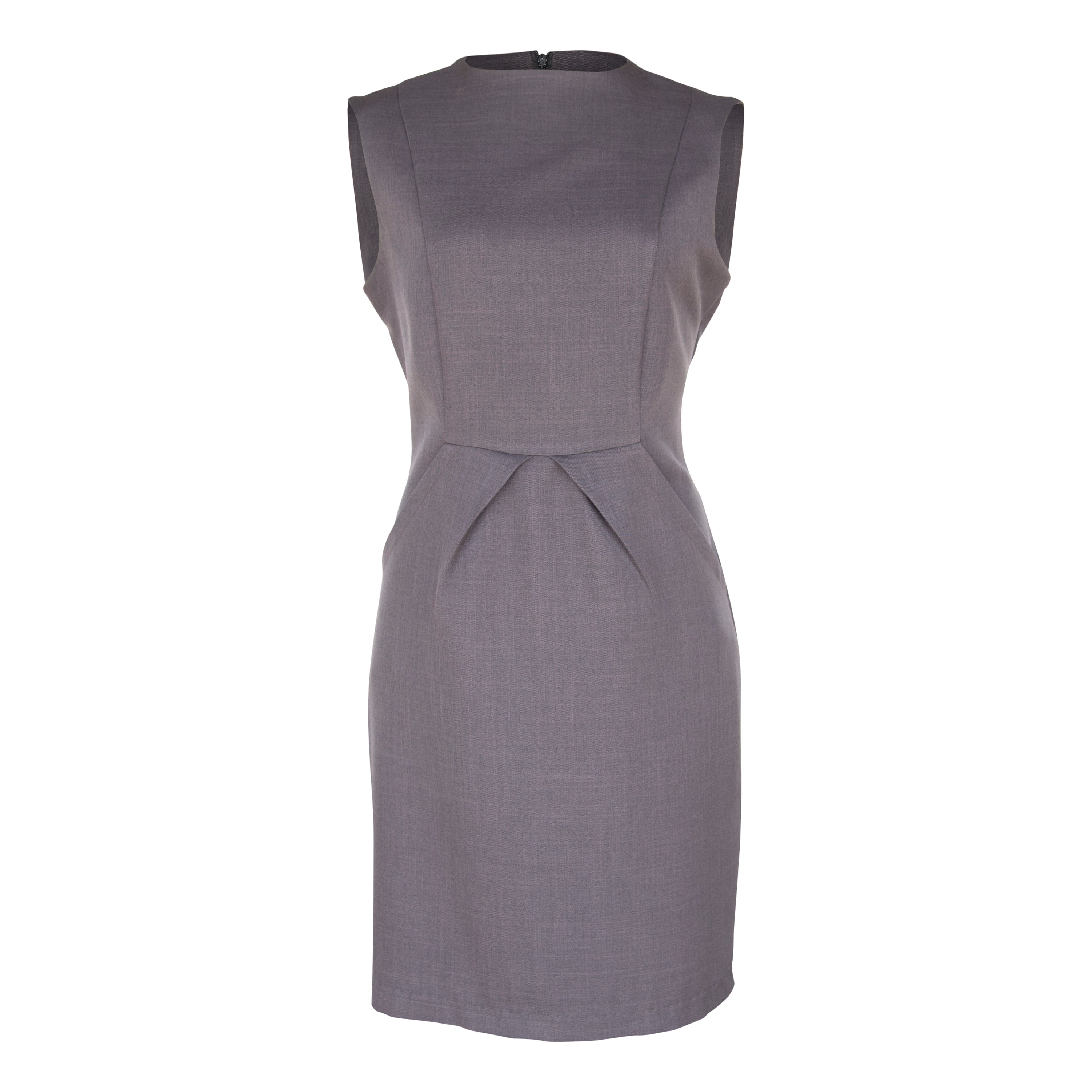 Luxe Wool Mini Dress in charcoal color, featuring pleated design and pockets, perfect for work and special occasions.