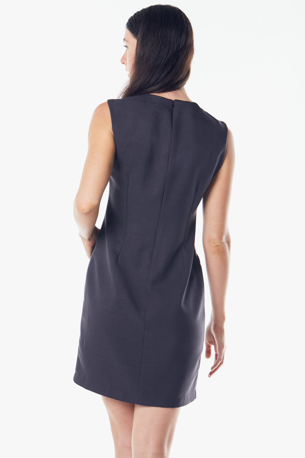 Luxe Wool Mini Dress in charcoal color, featuring pleated design and pockets, perfect for work and special occasions.