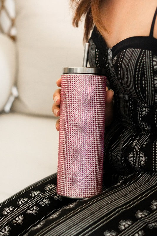 Luxury Rhinestone Crystal Bling Tumbler with sparkling rhinestones and stainless steel finish, perfect for hot or cold beverages.