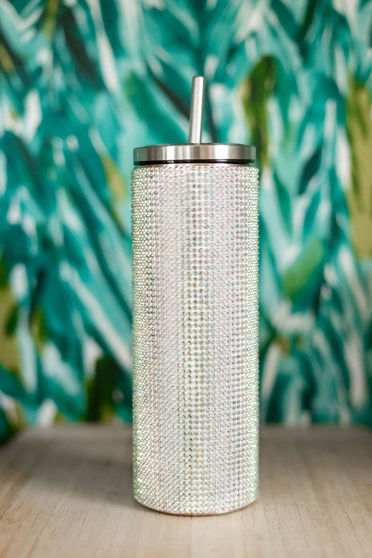 Luxury Rhinestone Crystal Bling Tumbler with sparkling rhinestones and stainless steel finish, perfect for hot or cold beverages.