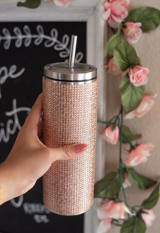 Luxury Rhinestone Crystal Bling Tumbler with sparkling rhinestones and stainless steel finish, perfect for hot or cold beverages.