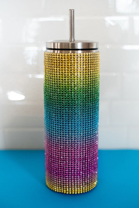 Luxury Rhinestone Crystal Bling Tumbler with sparkling rhinestones and stainless steel finish, perfect for hot or cold beverages.