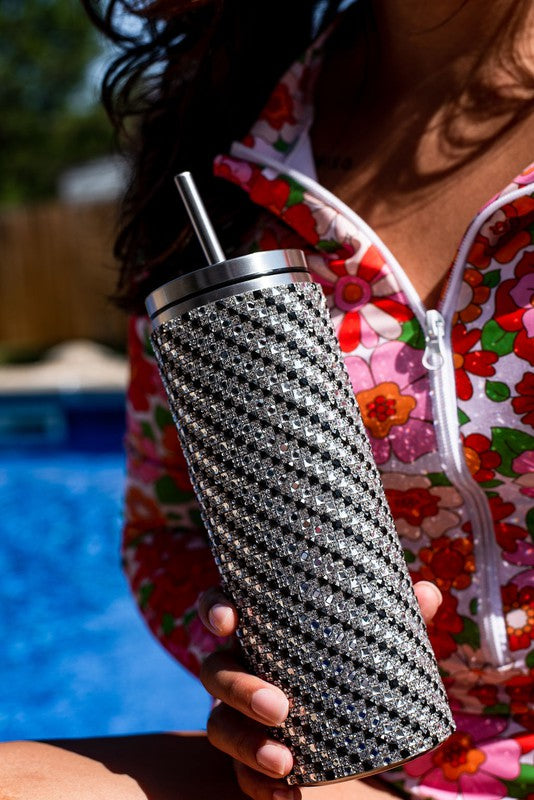 Luxury Rhinestone Crystal Bling Tumbler with sparkling rhinestones and stainless steel finish, perfect for hot or cold beverages.