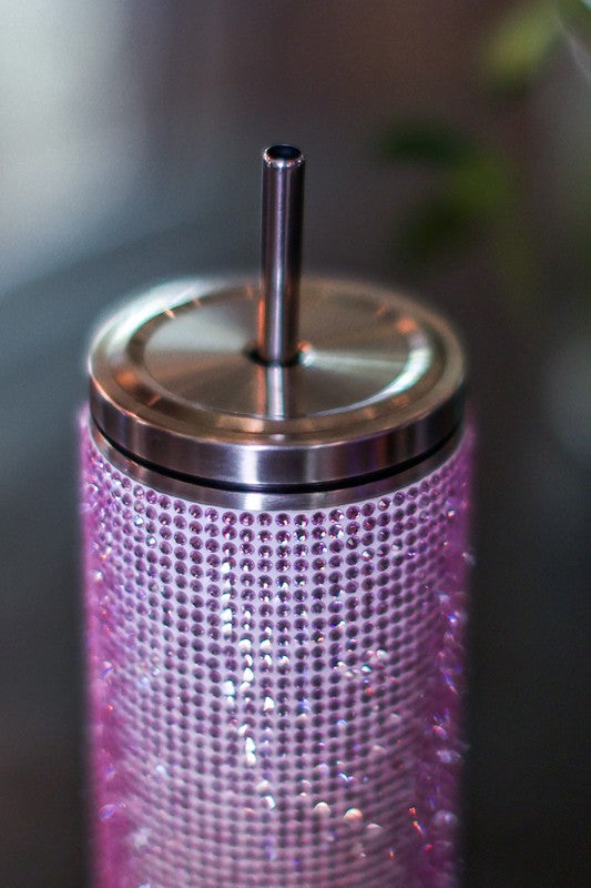 Luxury Rhinestone Crystal Bling Tumbler with sparkling rhinestones and stainless steel finish, perfect for hot or cold beverages.